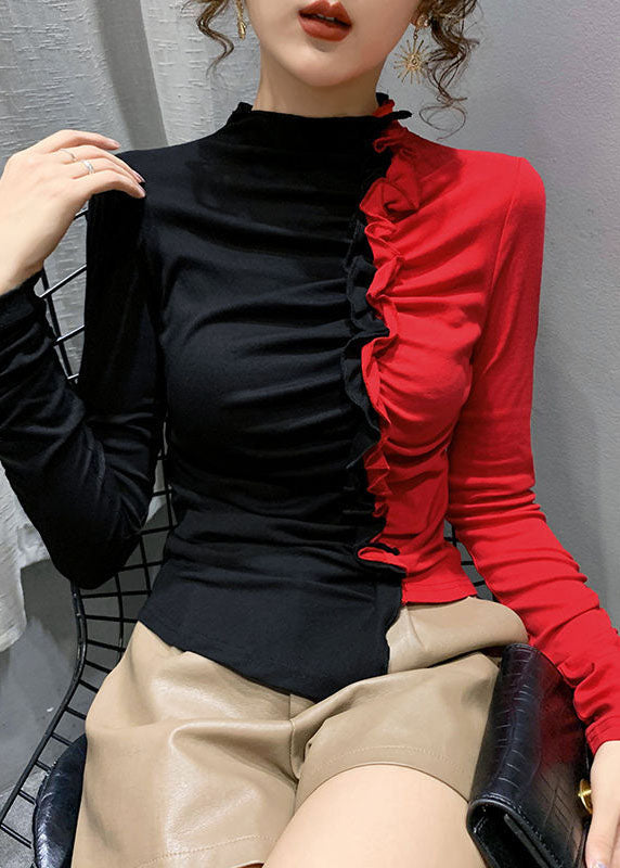 Fitted Colorblock Asymmetrical Ruffled Patchwork Cotton Tops Long Sleeve