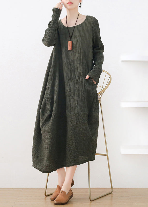 Fitted Green O-Neck Asymmetrical Cotton Maxi Dress Long Sleeve