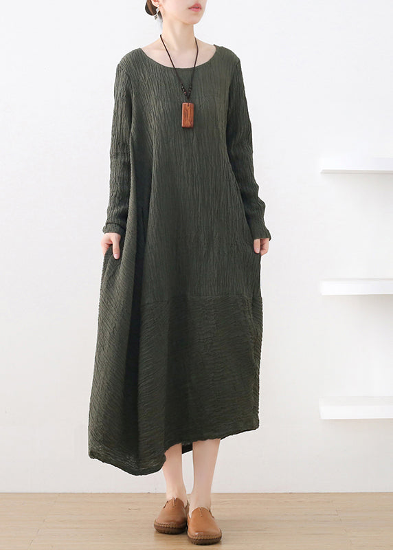 Fitted Green O-Neck Asymmetrical Cotton Maxi Dress Long Sleeve