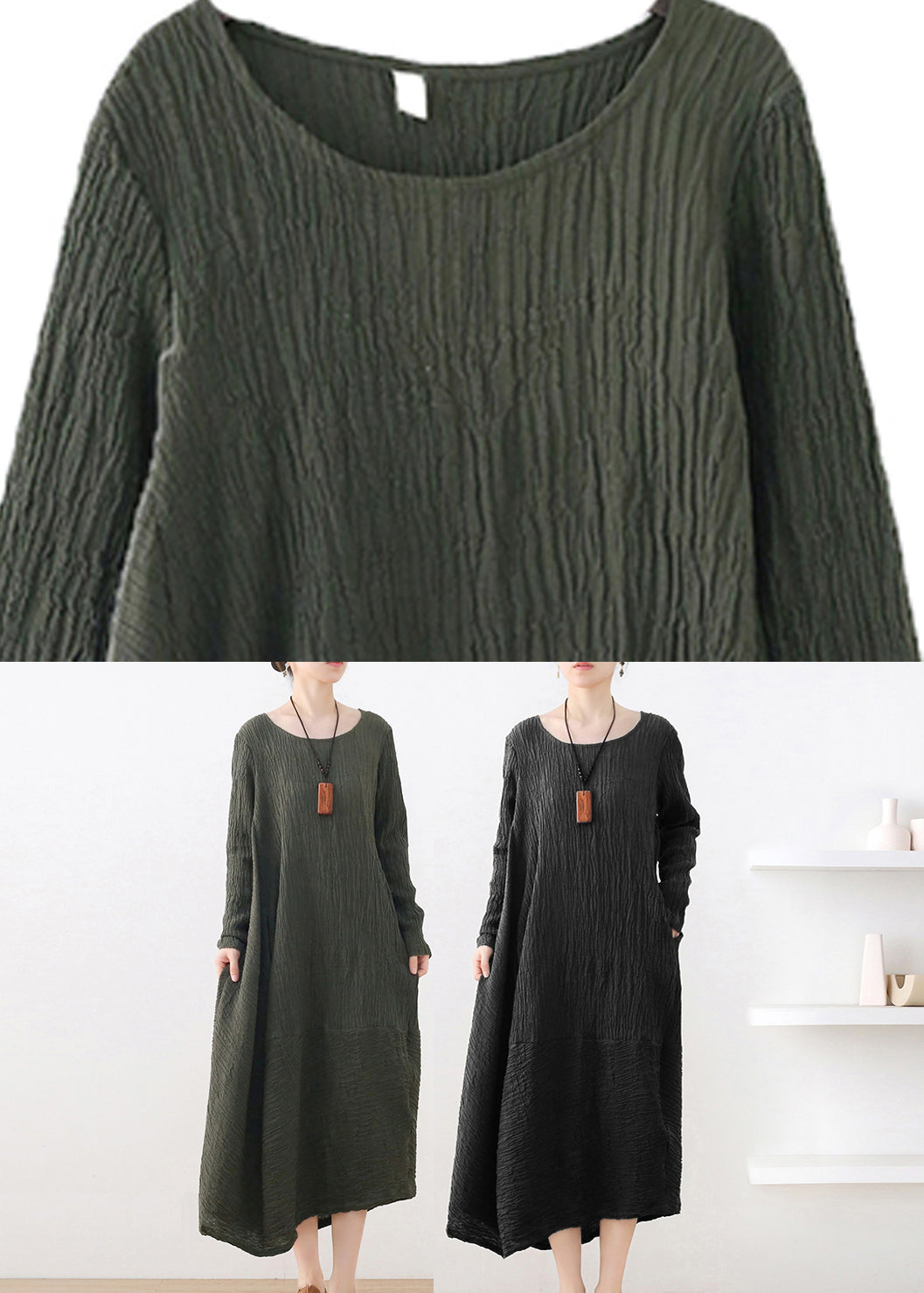 Fitted Green O-Neck Asymmetrical Cotton Maxi Dress Long Sleeve