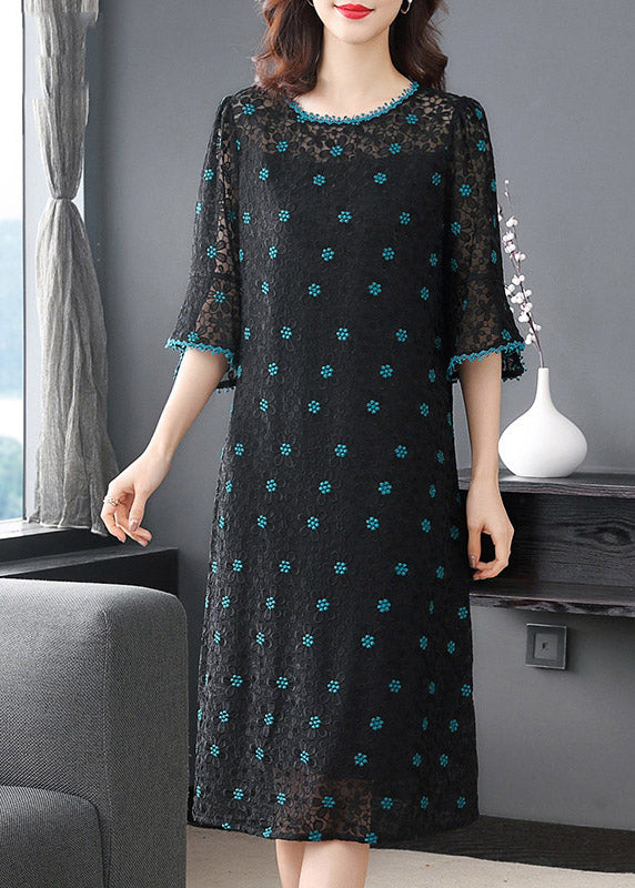 Fitted Green O-Neck Embroideried Silk Dress Half Sleeve