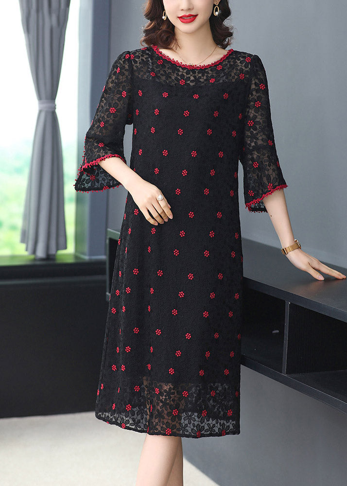 Fitted Green O-Neck Embroideried Silk Dress Half Sleeve