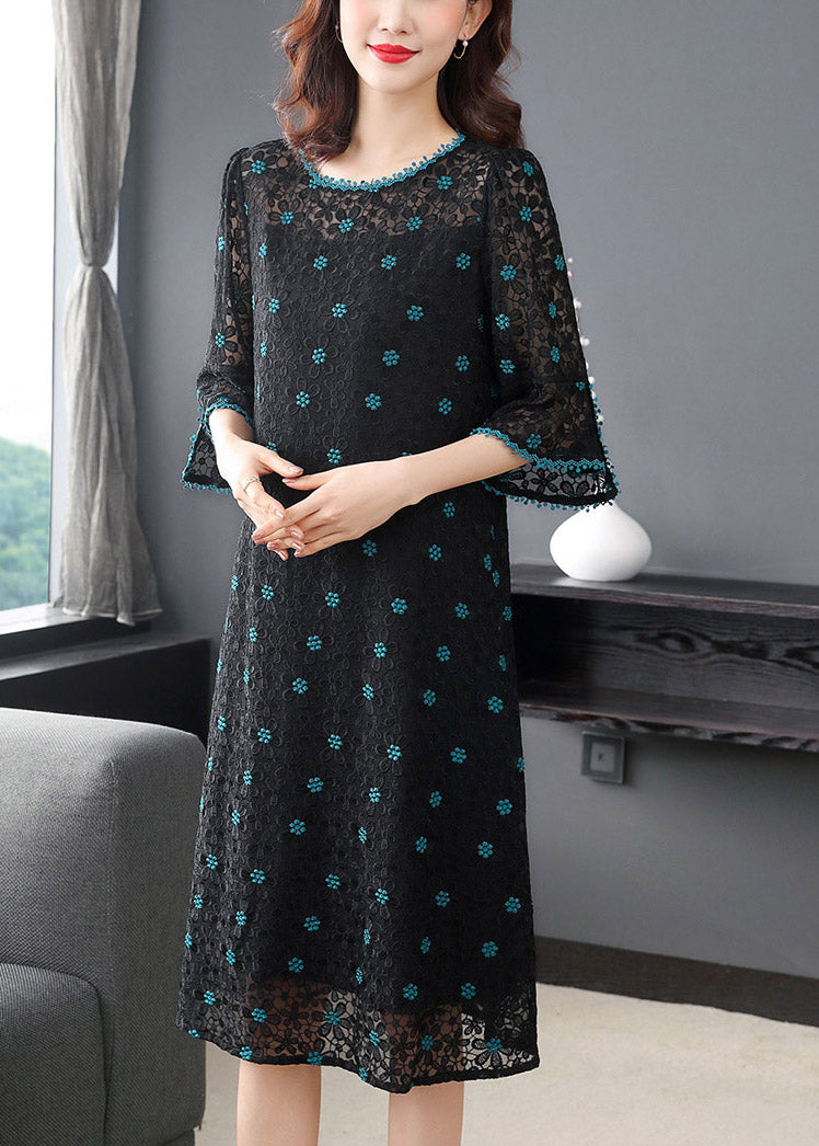 Fitted Green O-Neck Embroideried Silk Dress Half Sleeve