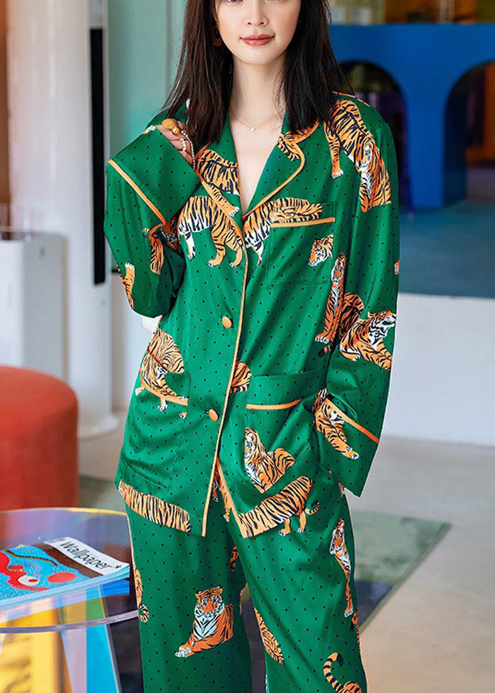 Fitted Green Peter Pan Collar Tiger Print Ice Silk Pajamas Two Piece Set Spring