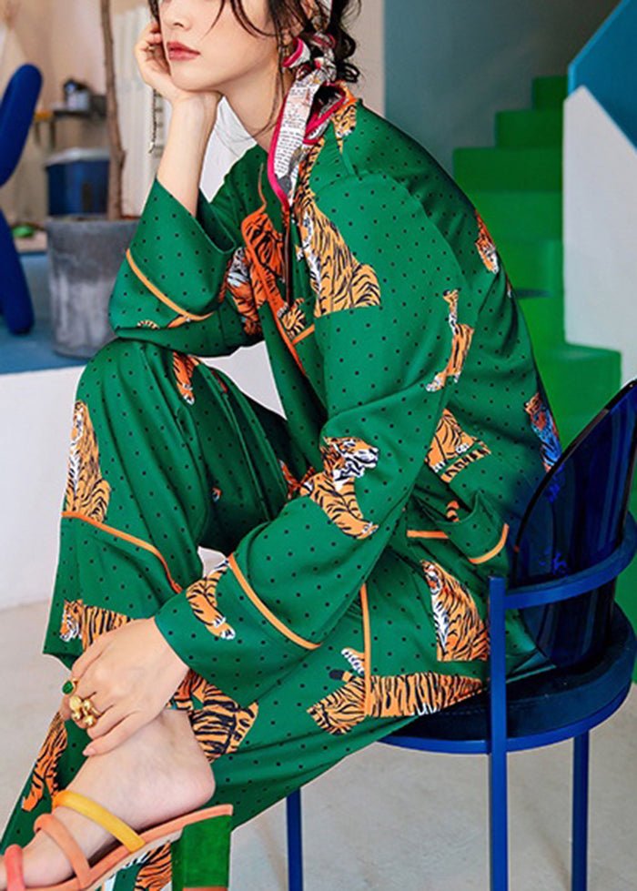 Fitted Green Peter Pan Collar Tiger Print Ice Silk Pajamas Two Piece Set Spring