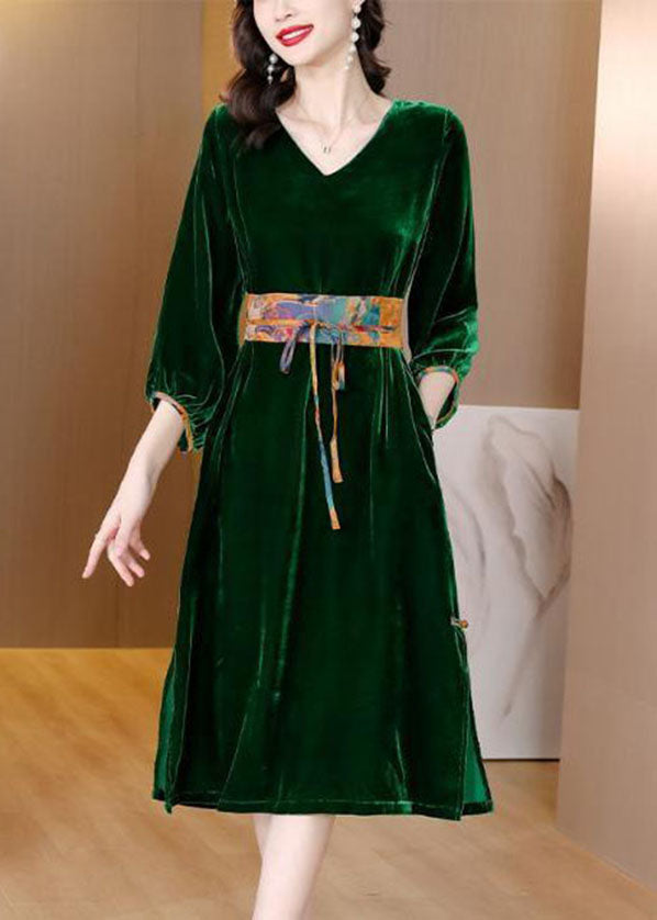 Fitted Green V Neck Side Open Silk Velour Cinch Dresses Fall