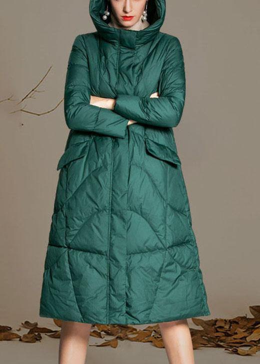Fitted Green hooded zippered Winter Duck Down down coat - Omychic