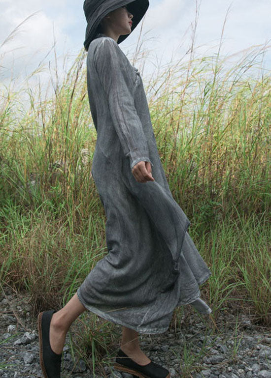 Fitted Grey Button Asymmetrical Cotton Dress Long Sleeve