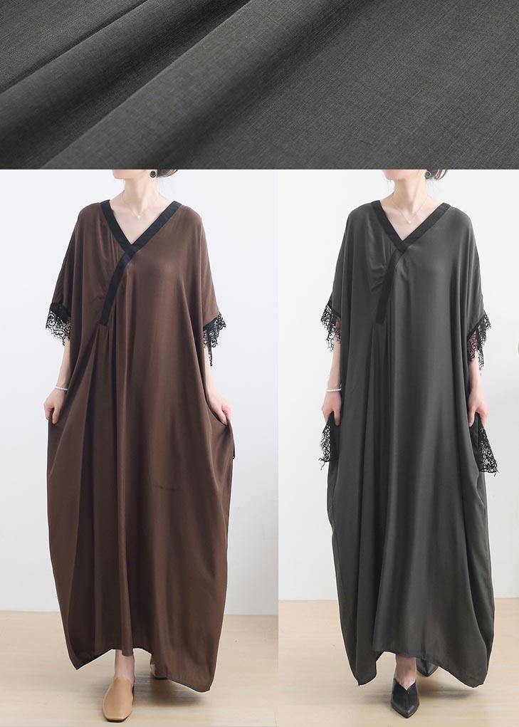 Fitted Grey Green V Neck Batwing Sleeve Vacation Dresses Summer Chiffon Dress - Omychic