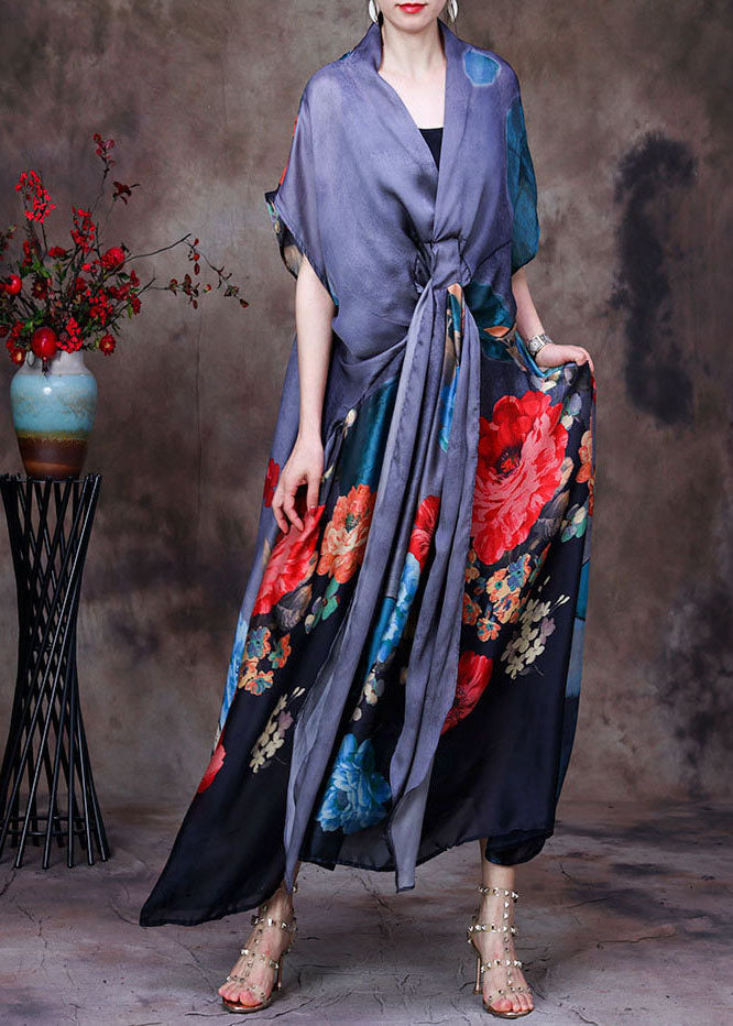 Fitted Grey V Neck Asymmetrical Print Silk Maxi Dresses Two Piece Set Women Clothing Short Sleeve
