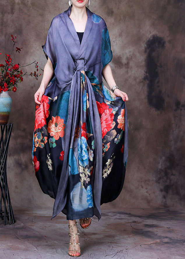 Fitted Grey V Neck Asymmetrical Print Silk Maxi Dresses Two Piece Set Women Clothing Short Sleeve
