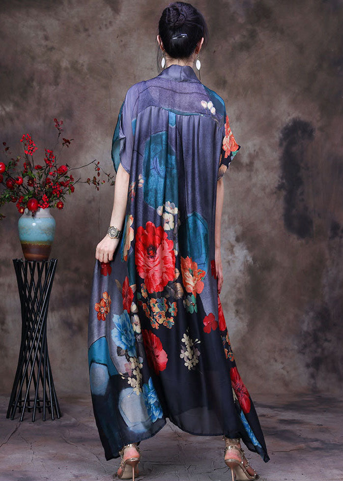 Fitted Grey V Neck Asymmetrical Print Silk Maxi Dresses Two Piece Set Women Clothing Short Sleeve