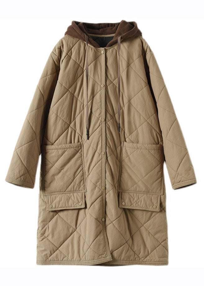 Fitted Khaki Zippered Plaid Patchwork Hooded Parka Winter