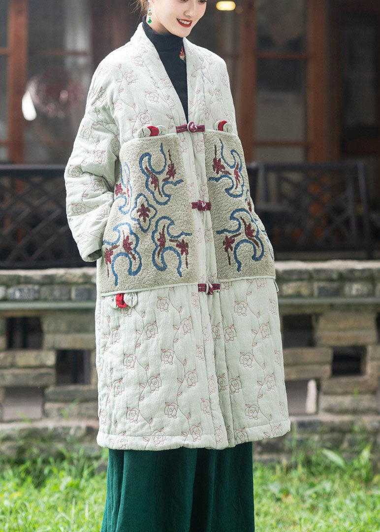 Fitted Light Green Embroideried Patchwork Fine Cotton Filled Puffers Jackets Winter
