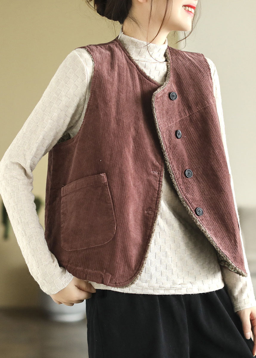 Fitted Mulberry O-Neck Fuzzy Wool Lined Thick Corduroy Vest Tops Winter