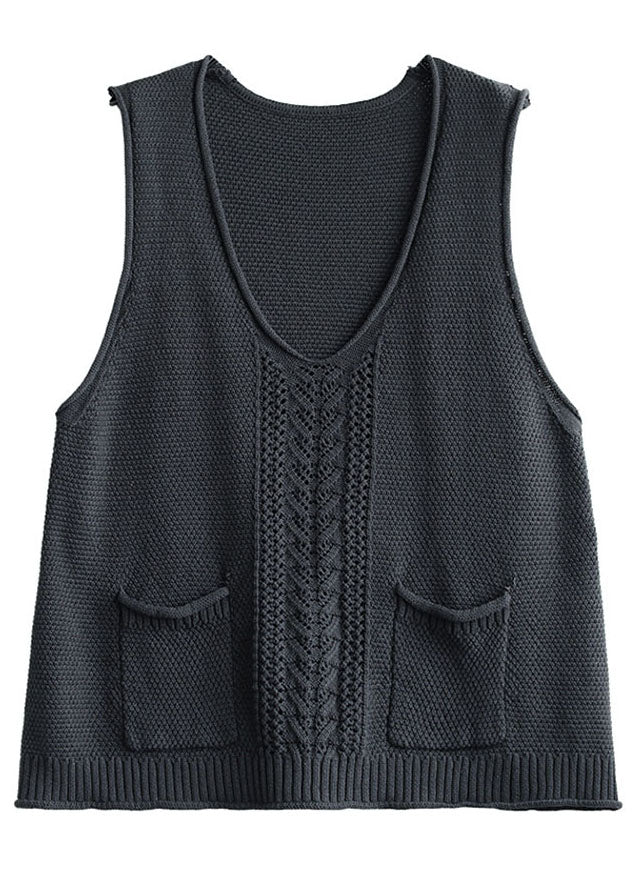 Fitted Mulberry V Neck Hollow Out Pockets Fall Knit Sleeveless Waistcoat