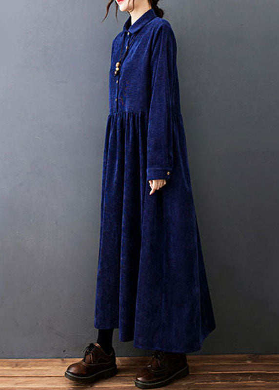 Fitted Navy Blue Peter Pan Collar Patchwork Corduroy Maxi Dresses Fall