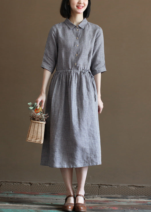 Fitted Navy Peter Pan Collar Cinched Plaid Linen Dresses Half Sleeve