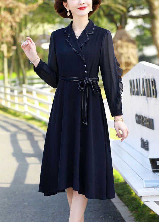 Fitted Navy Peter Pan Collar Patchwork Ruffles Chiffon Cinch Dresses Long Sleeve