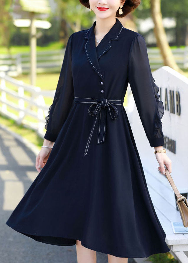 Fitted Navy Peter Pan Collar Patchwork Ruffles Chiffon Cinch Dresses Long Sleeve