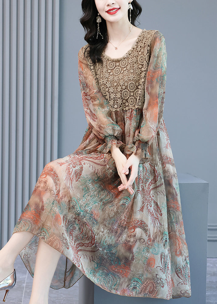 Fitted O-Neck Print Lace Patchwork Chiffon Party Dress Lantern Sleeve