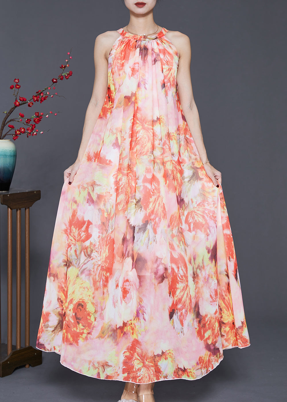 Fitted Orange Cold Shoulder Print Chiffon Long Dress Summer