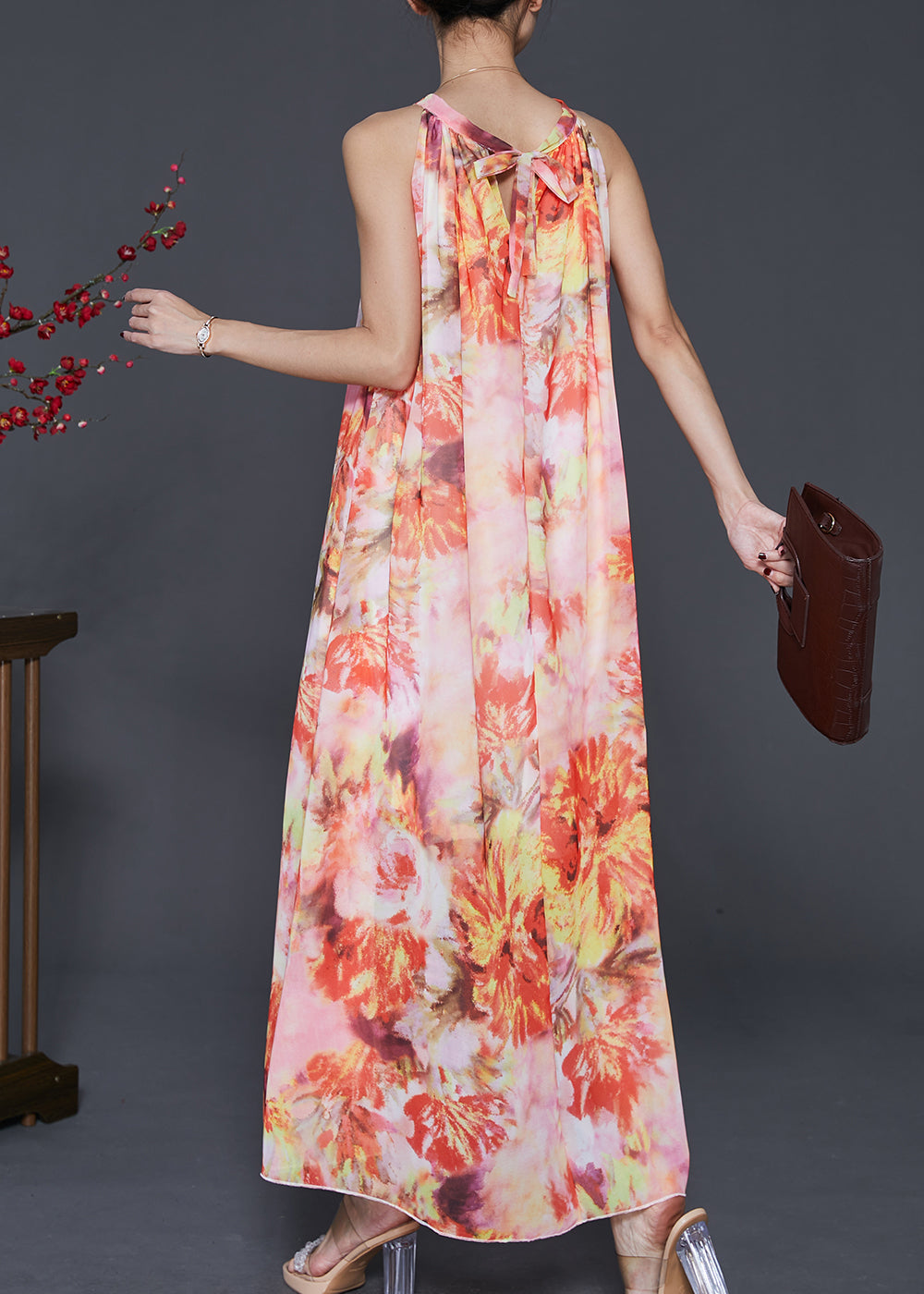 Fitted Orange Cold Shoulder Print Chiffon Long Dress Summer