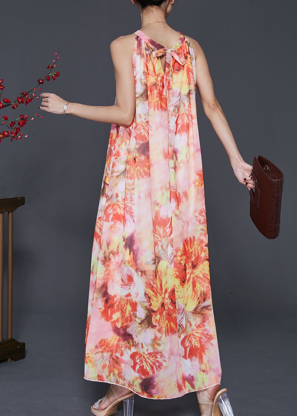 Fitted Orange Cold Shoulder Print Chiffon Long Dress Summer