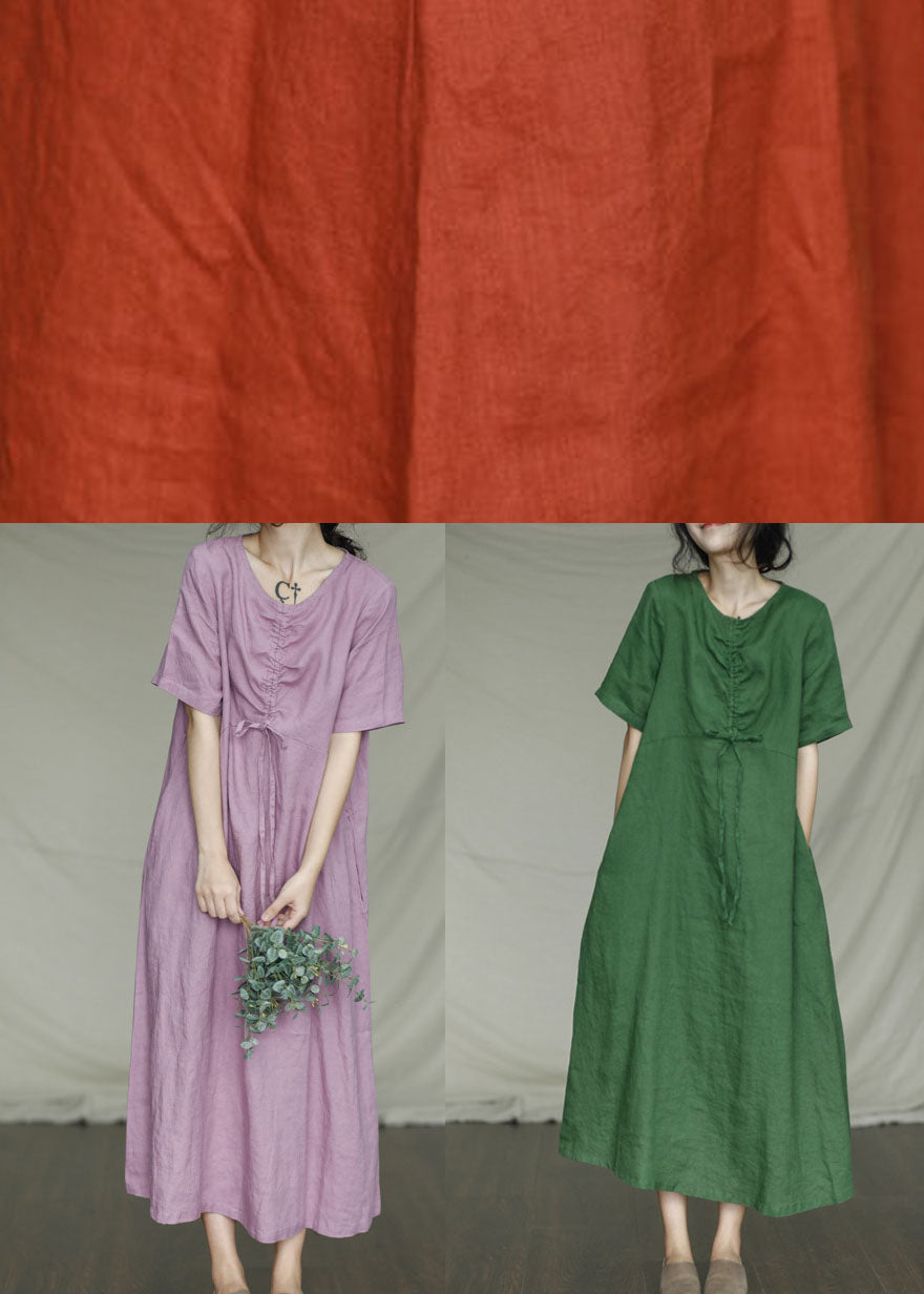 Fitted Orange O-Neck drawstring Linen Dresses Short Sleeve