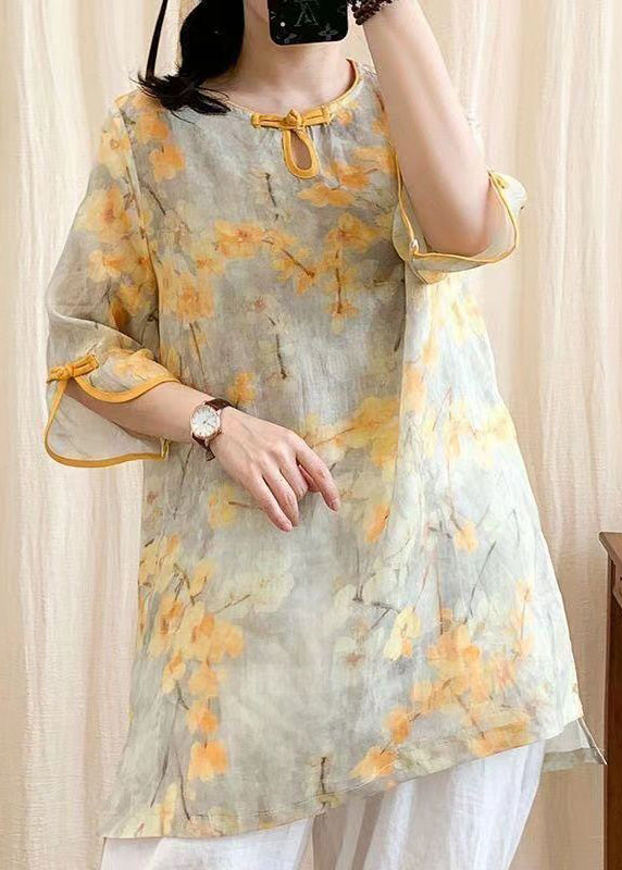 Fitted Orange Oversized Print Chinese Button Linen Blouse Tops Bracelet Sleeve