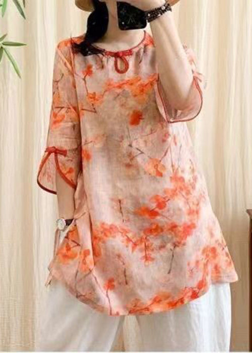 Fitted Orange Oversized Print Chinese Button Linen Blouse Tops Bracelet Sleeve