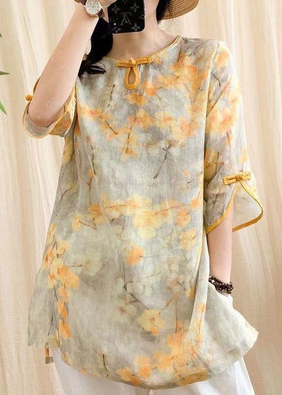 Fitted Orange Oversized Print Chinese Button Linen Blouse Tops Bracelet Sleeve