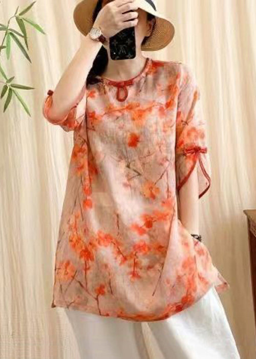 Fitted Orange Oversized Print Chinese Button Linen Blouse Tops Bracelet Sleeve