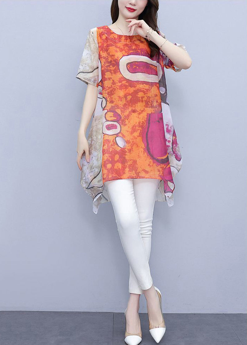 Fitted Orange Oversized Print Cotton Shirt Top Summer