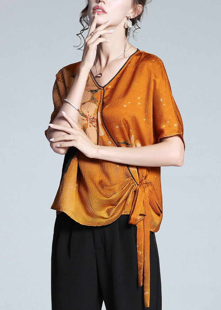 Fitted Orange V Neck Print Tie Waist Silk T Shirt Summer