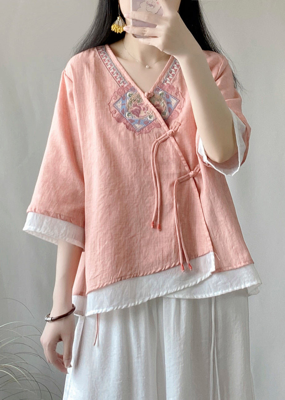 Fitted Pink Embroideried Patchwork Cotton Fake Two Piece Top Summer