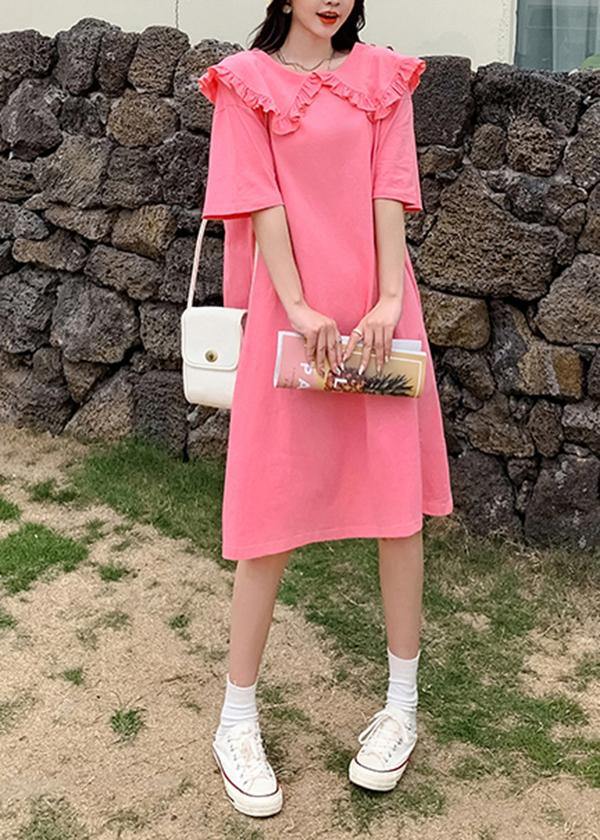 Fitted Pink Peter Pan Collar Loose Long Summer Cotton Dress - Omychic