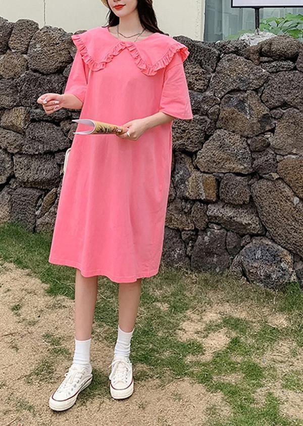 Fitted Pink Peter Pan Collar Loose Long Summer Cotton Dress - Omychic