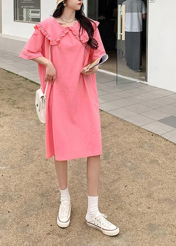 Fitted Pink Peter Pan Collar Loose Long Summer Cotton Dress - Omychic