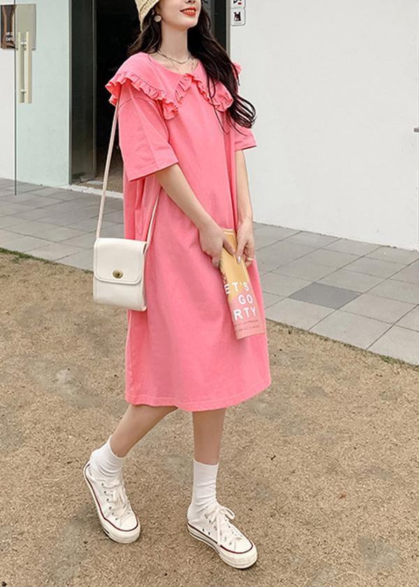 Fitted Pink Peter Pan Collar Loose Long Summer Cotton Dress - Omychic