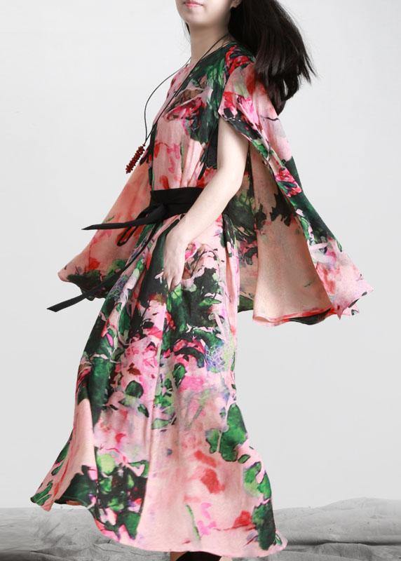Fitted Pink Print asymmetrical design silk Summer Dress - Omychic