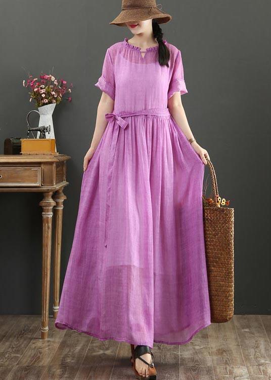 Fitted Pink Purple Bow O-Neck Summer Linen Dress - Omychic