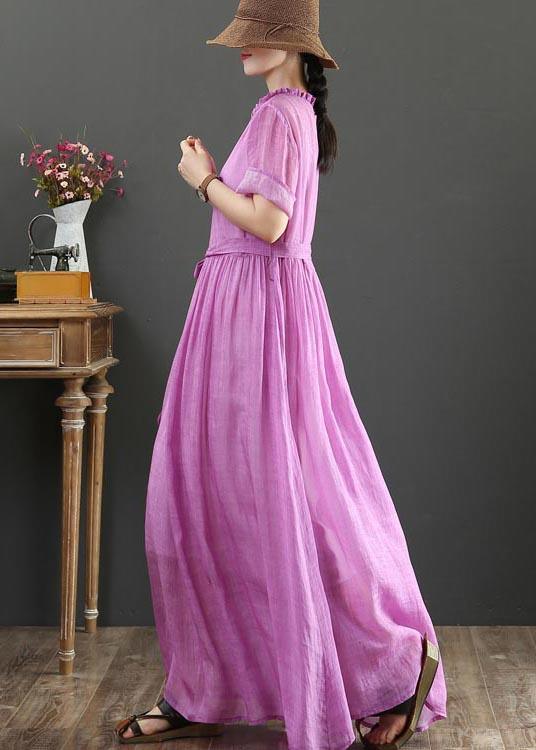 Fitted Pink Purple Bow O-Neck Summer Linen Dress - Omychic