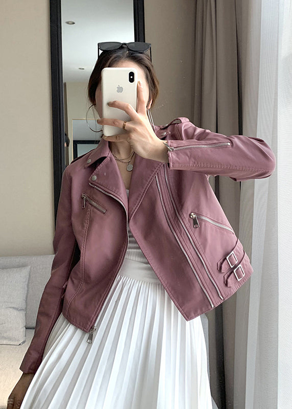 Fitted Pink Zip Up Pockets Patchwork Faux Leather Coat Fall