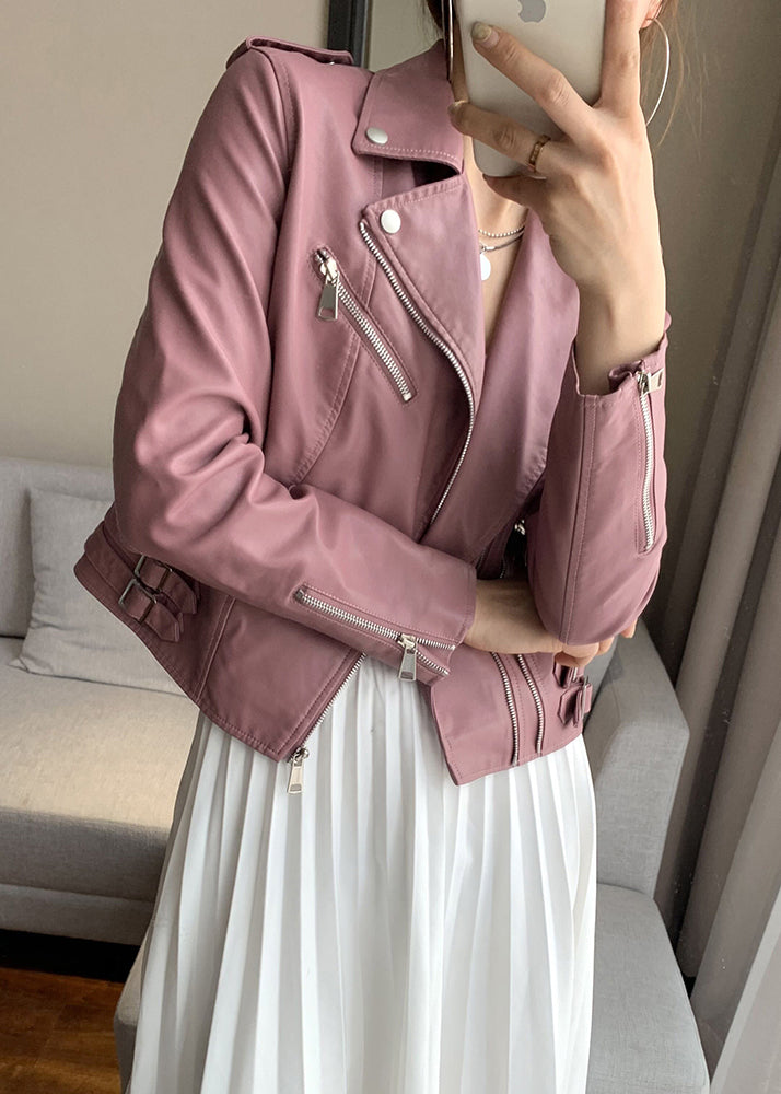 Fitted Pink Zip Up Pockets Patchwork Faux Leather Coat Fall