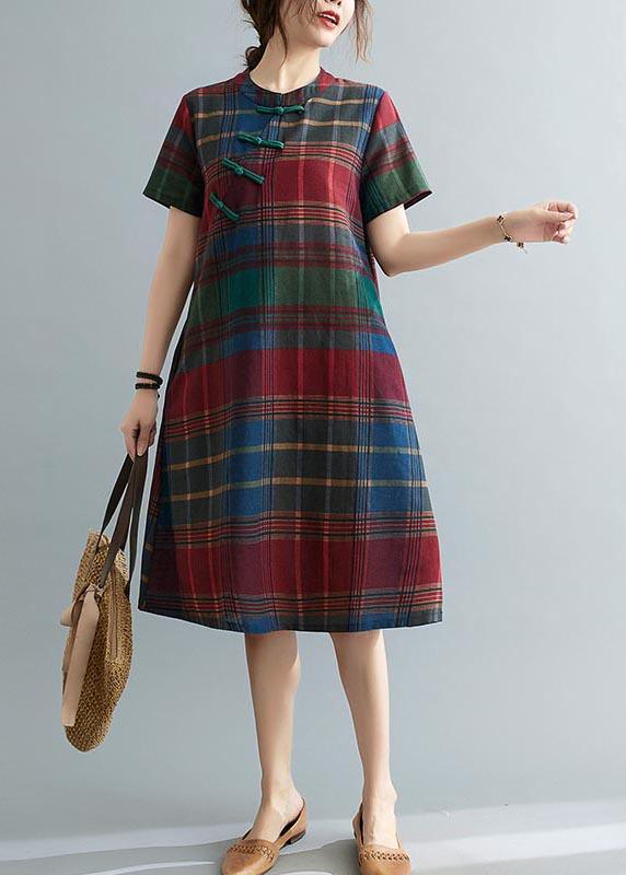 Fitted Plaid Oriental Cotton Linen Summer Dress ( Limited Stock) - Omychic