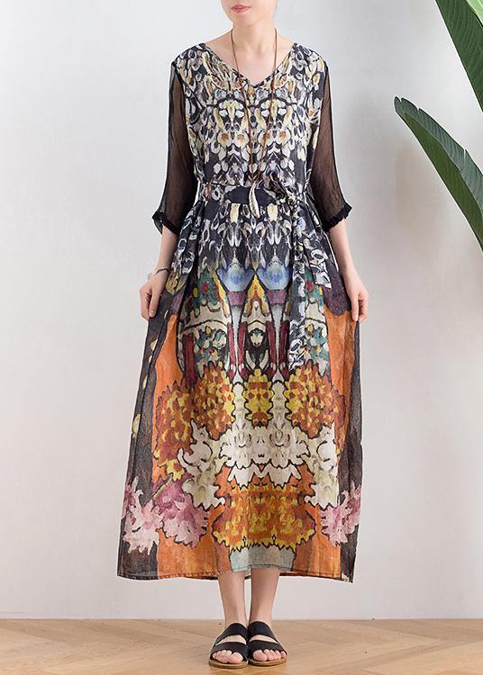 Fitted Print Patchwork Three Quarter Sleeve Ankle Summer Chiffon Dress - Omychic