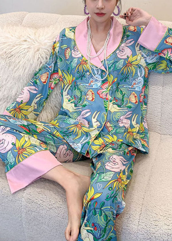 Fitted Purple V Neck Patchwork Print Ice Silk Pajamas Two Pieces Set Spring