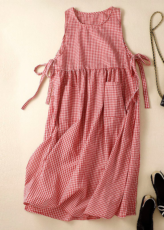Fitted Red Side Open Pocket Plaid Linen Maxi Dresses Sleeveless
