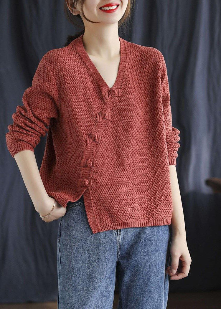 Fitted Red V Neck Button Patchwork Fall Knitted Sweaters - Omychic